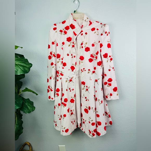 New Red Pink Roses Floral Red and White Fit & Flare Princess Pea Coat - Picture 3 of 11